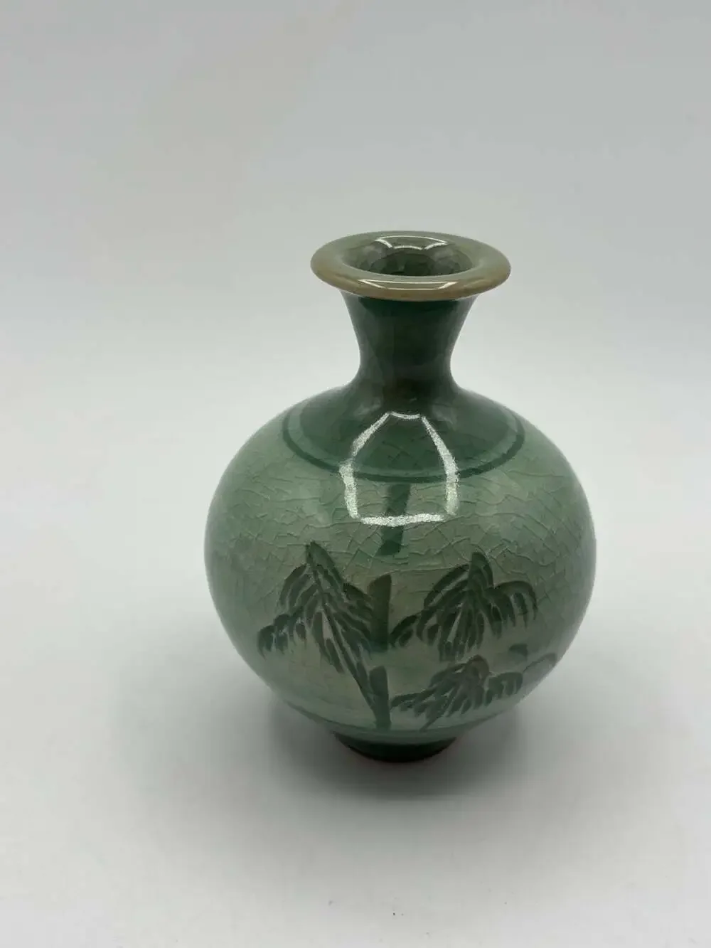 Miniature Celadon Green Crackle Glaze Pottery Vase with Hand-Painted Orchid Moti